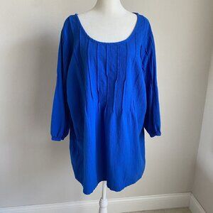Soft Surroundings Womens 1X Blue Langenlook Pintuck Cotton Top 3/4 Sleeve